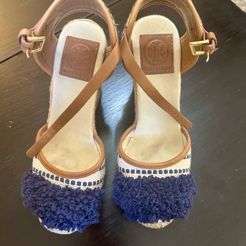 Tory Burch Tan and Navy Espadrilles